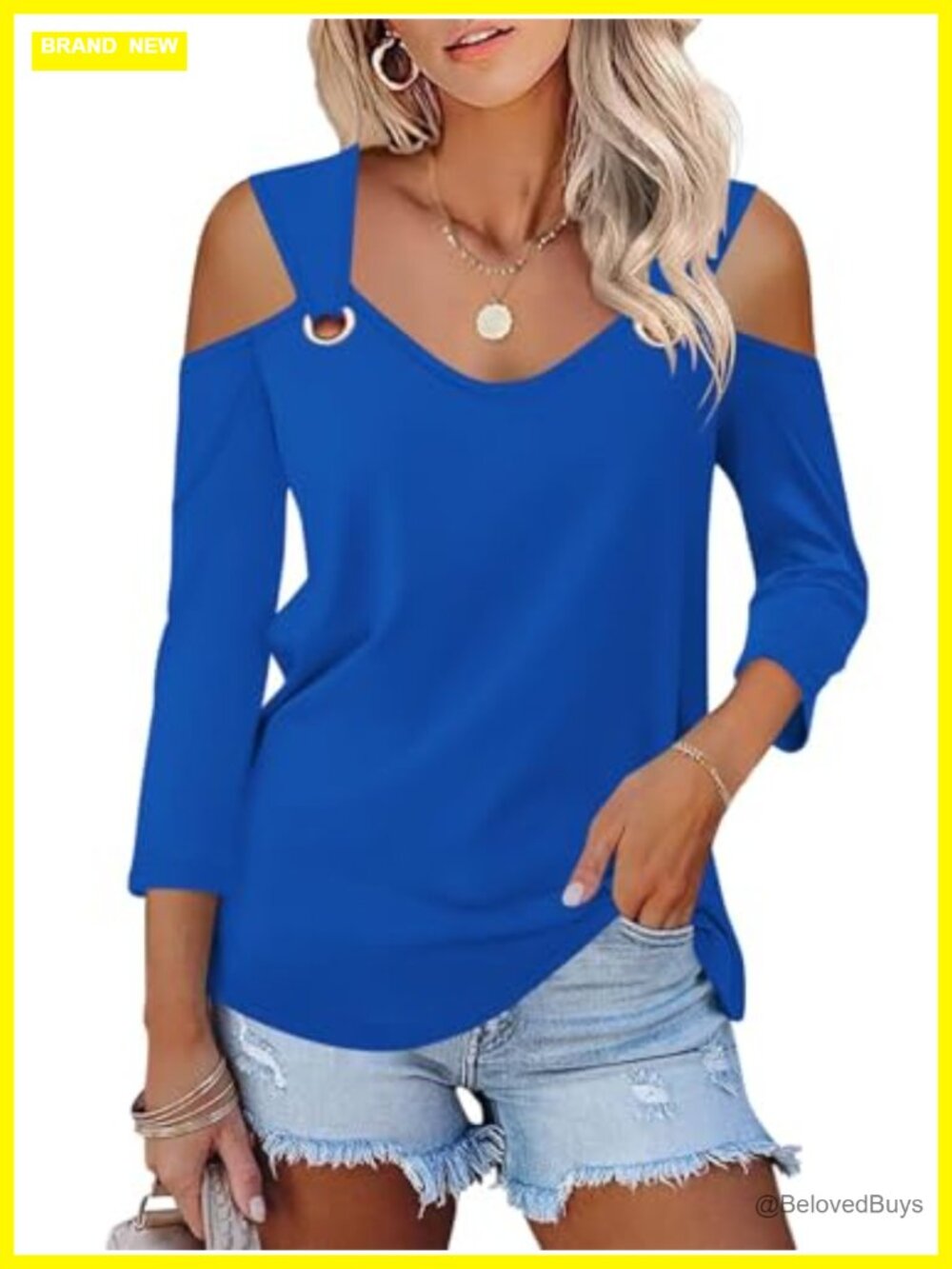 Womens V Neck 3/4 Sleeve Cold Shoulder Top Casual Fall Tee